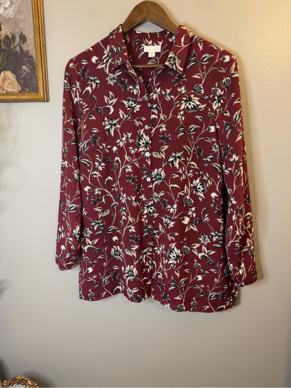 J.Jill Petite Medium Burgundy Floral Button Front Blouse 3/4 Sleeve Classic Top - Picture 2 of 9
